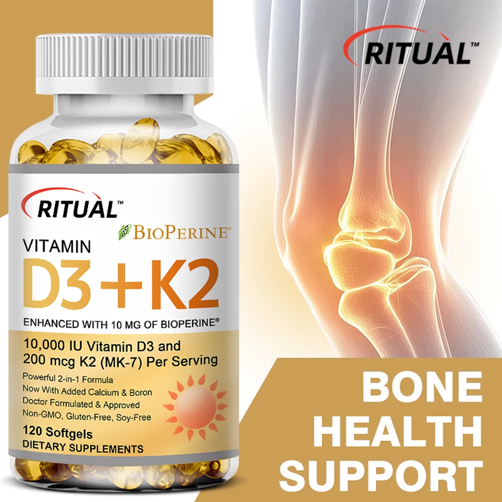 Ritual วิตามิน D3 K2 10000 IU (250mcg) D3 + 200mcg K2 MK7 อาหารเสริมเสริมภูมิคุ้มกันพร้อม BioPerine