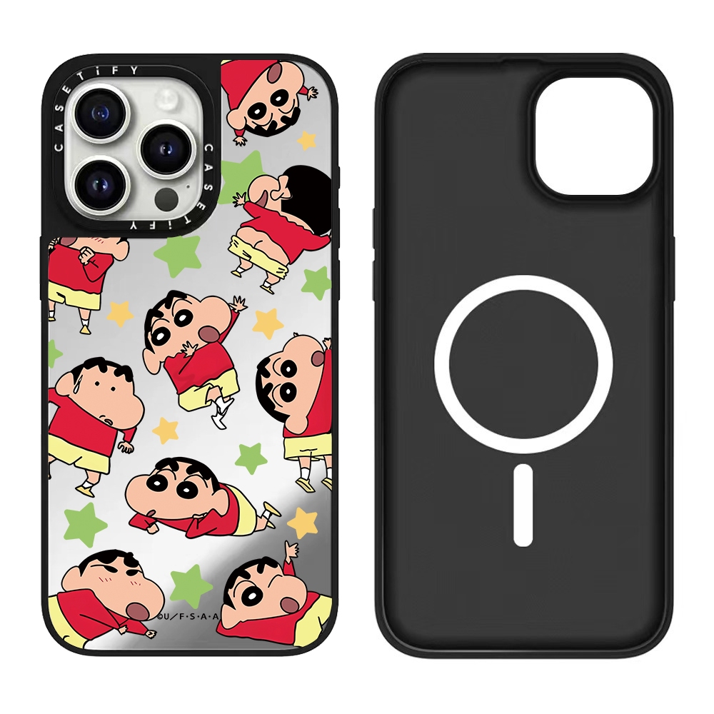 กระจกกรอบสีดํา Magnetic Crayon Shin-Chan เหมาะสําหรับ Apple 16iPhone15promax เคสโทรศัพท์น่ารักการ์ตูน 14pro ใหม่แบบพกพา 13pm แฟชั่นคู่ 12pro เคสป้องกัน 11