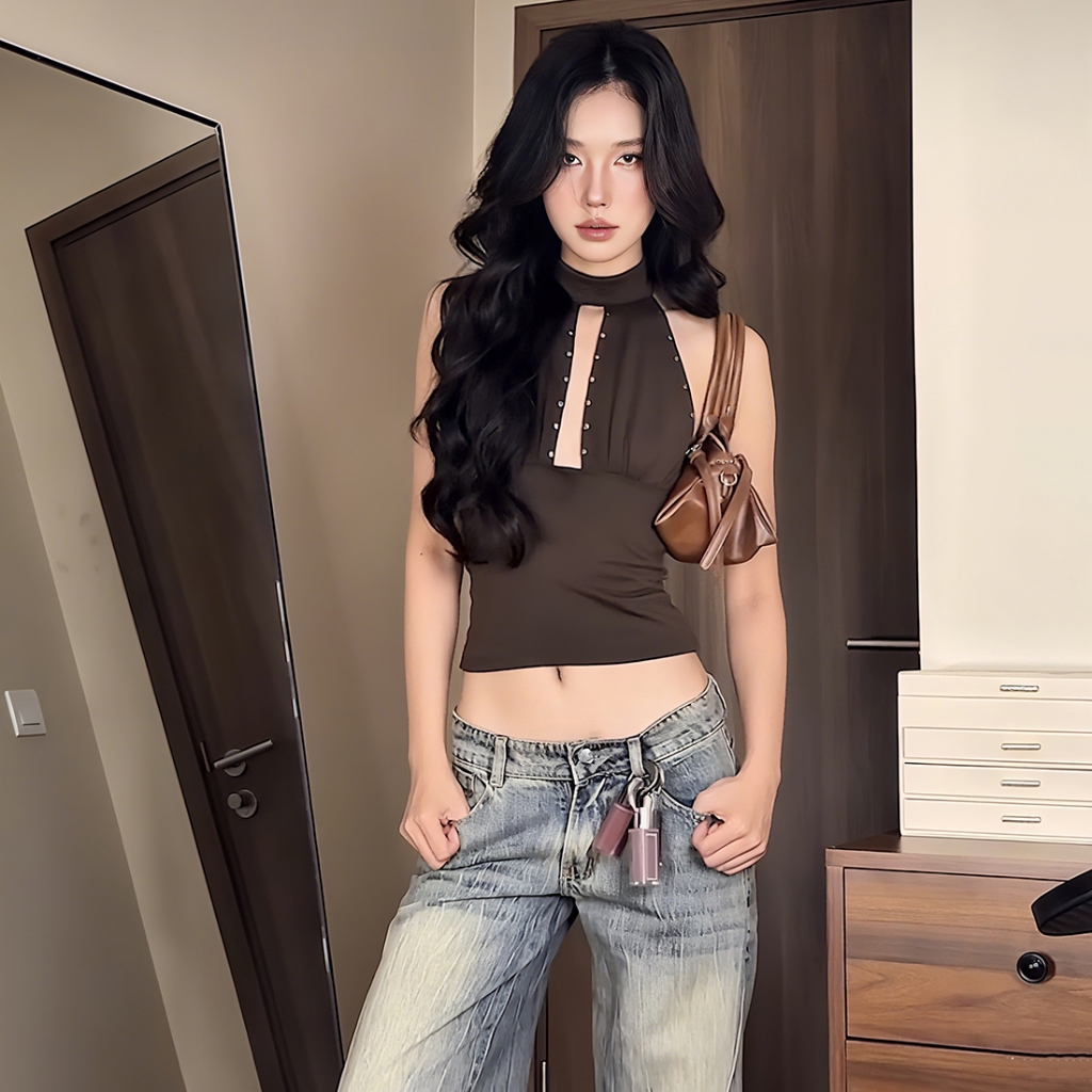 Cutenew Halter Hollowed-Out Navel สัมผัสเสื้อกั๊ก Rivets Off แขน Backless Slim ฤดูร้อนผู้หญิงสไตล์อเมริกันวินเทจ
