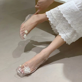 XIXITIAO รองเท้าส้นแบนโปร่งใส สไตล์สุภาพสตรี เหมาะสำหรับวันหยุดและสวมใส่ภายนอกในฤดูร้อน