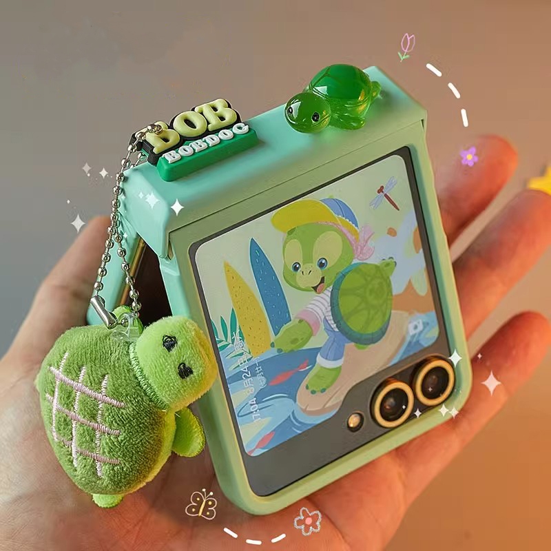 เคสโทรศัพท์มือถือป้องกันแบบรวมทุกอย่างสีเขียวพร้อมจี้รูปเต่าและฟิล์มป้องกัน กันกระแทกและกันฝุ่นระดับไฮเอนด์สำหรับ Samsung Galaxy Z Flip 5 6 7 FE zflip6 zflip5 zflip7