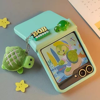 เคสโทรศัพท์มือถือป้องกันแบบรวมทุกอย่างสีเขียวพร้อมจี้รูปเต่าและฟิล์มป้องกัน กันกระแทกและกันฝุ่นระดับไฮเอนด์สำหรับ Samsung Galaxy Z Flip 8 Z Flip 5 Z Flip 6 Z Flip 7 zflip8 zflip6 zflip5/7