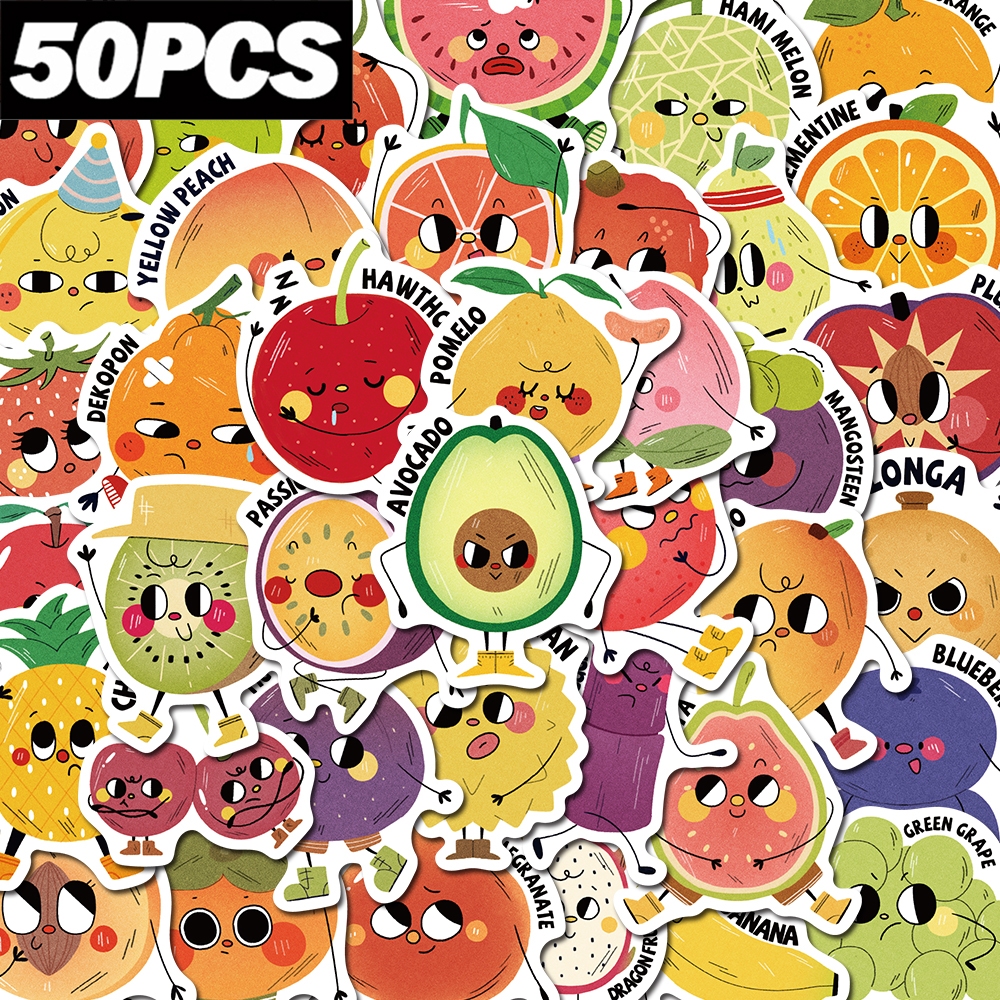 50ชิ้นหนังสือภาพสไตล์ผลไม้น่ารักสติ๊กเกอร์กราฟฟิตีสําหรับตกแต่งคอมพิวเตอร์กีต้าร์หมวกกันน็อคขวดน้ําสติ๊กเกอร์กันน้ําของขวัญวันเก