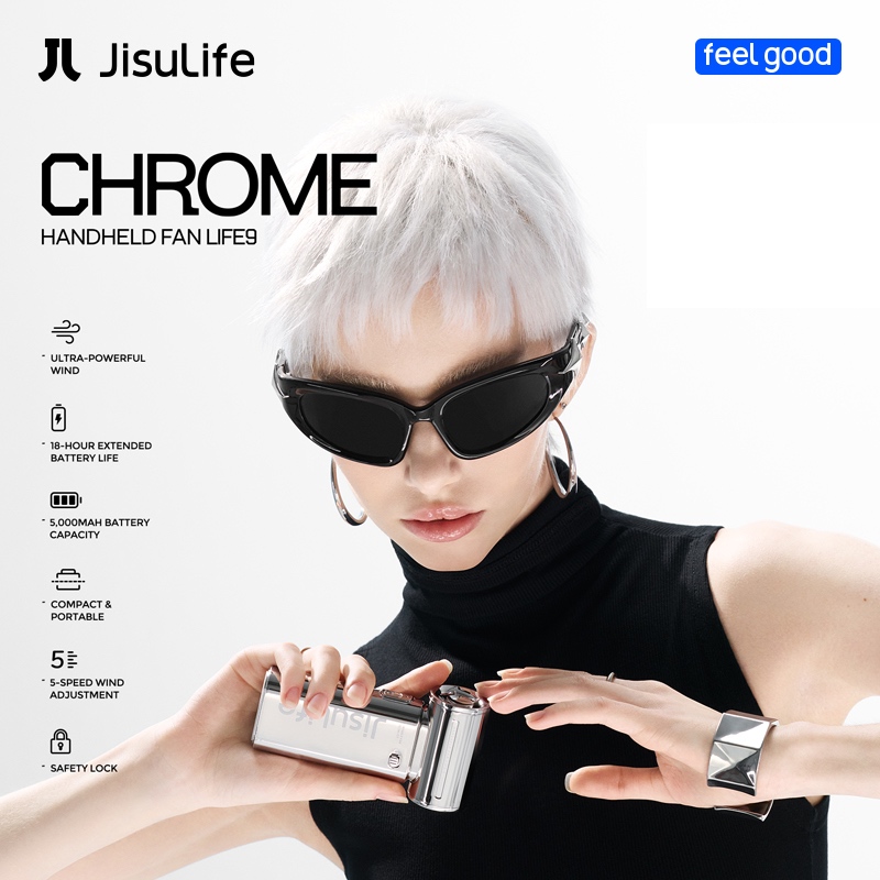 JisuLife handheld fan life9 chrome การอัพเกรดรูปลักษณ์ พัดลมไฟฟ้ามือถือที่มีพลังลมแรงมาก เล็กและพกพา