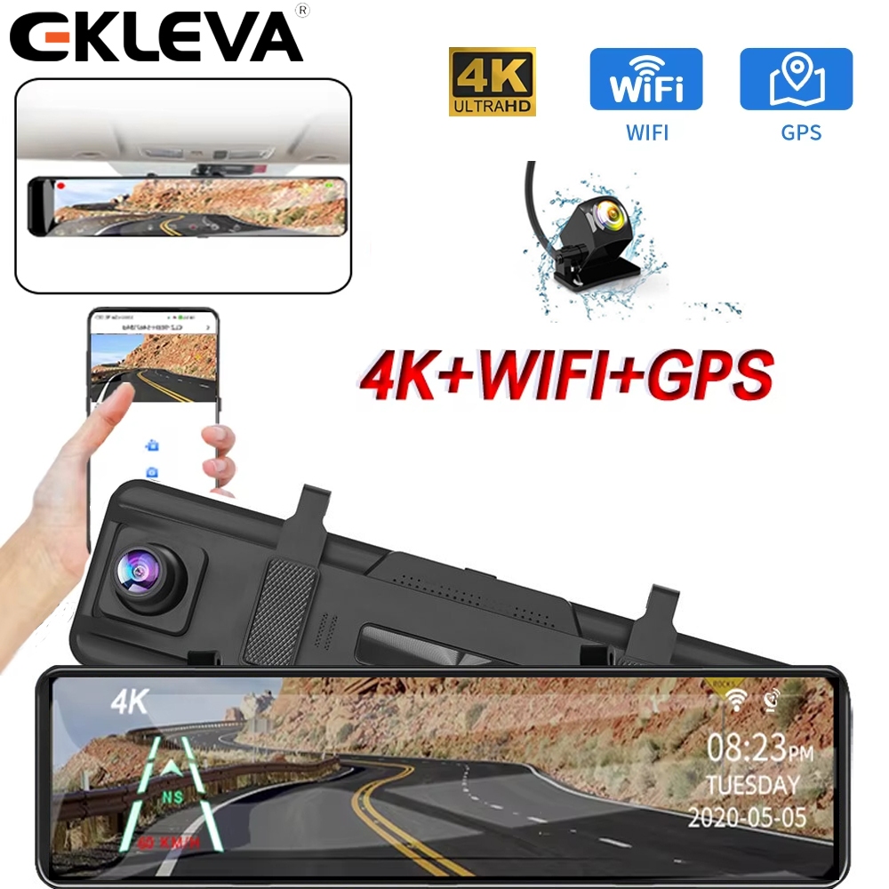 EKLEVA 4K + 2K Dash Cam WIFI Video Recorder รถ DVR ด้านหน้าและด้านหลังดูกระจกรถกล้อง 24H Monitor