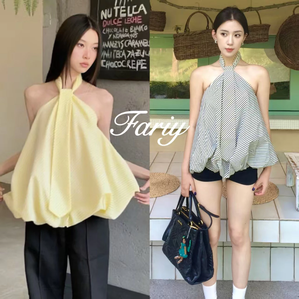 Fariy🍒คลังสินค้าพร้อม🍒 เสื้อเชิ้ตคอฮอลเตอร์แขนกุดลายทางสไตล์ฝรั่งเศสสำหรับผู้หญิงในช่วงฤดูร้อน ดีไซน์เก๋ไก๋ สบายๆ สไตล์หลวมๆ