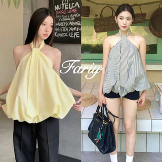 Fariy🍒คลังสินค้าพร้อม🍒 เสื้อเชิ้ตคอฮอลเตอร์แขนกุดลายทางสไตล์ฝรั่งเศสสำหรับผู้หญิงในช่วงฤดูร้อน ดีไซน์เก๋ไก๋ สบายๆ สไตล์หลวมๆ