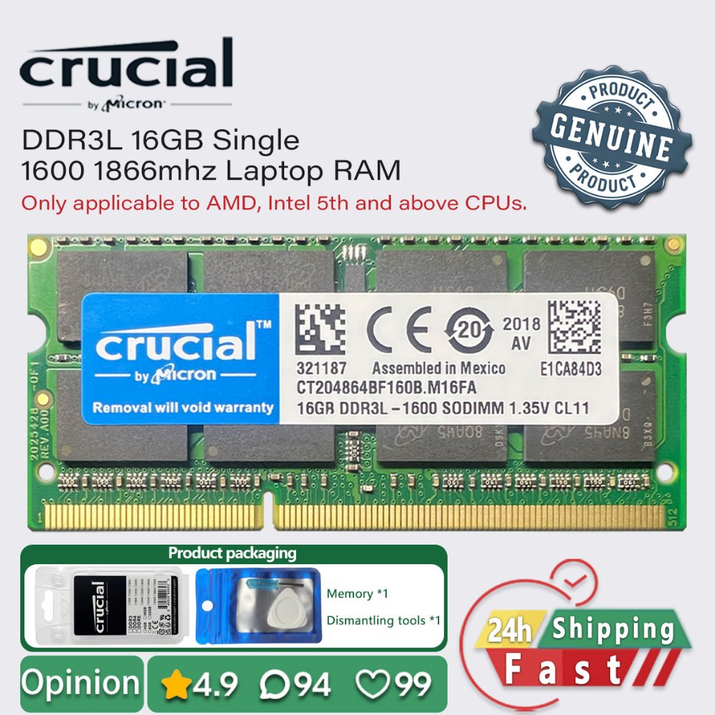 CRUCIAL 16gb ddr3l 1600 1866 หน่วยความจําแล็ปท็อปเดี่ยว sodimm ram pc3l