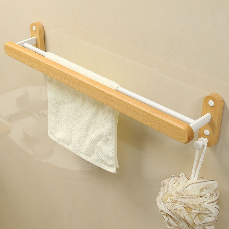 YUN JIE YA ห้องน้ํา Log สไตล์ผ้าเช็ดตัวพับ Double-Rod ชั้นวางของในห้องน้ําติดผนังห้องน้ําพรุนฟรีชั้นเก็บไม้เนื้อแข็ง