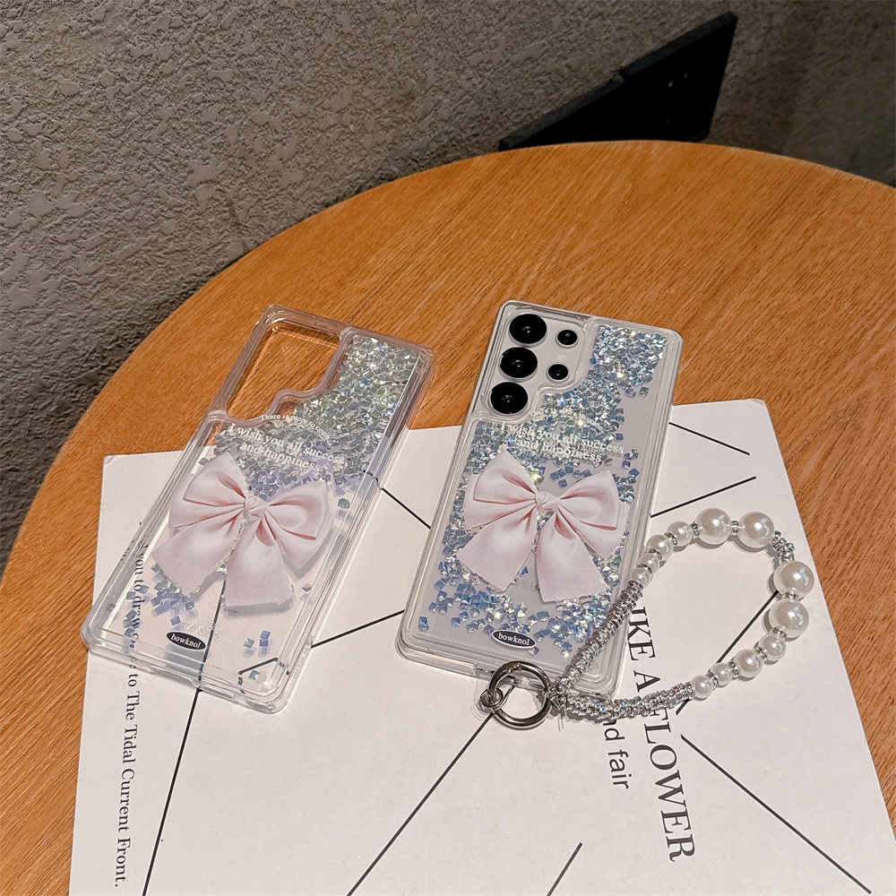 สําหรับ Samsung S25 Ultra S24 Plus S23 S22 Bow knot หรูหรา Liquid Quicksand กรณีไข่มุกสายคล้อง