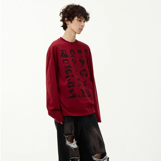 เสื้อแขนยาวผู้ชาย พิมพ์ลาย ทรงหลวม คอกลม ใส่ลําลอง