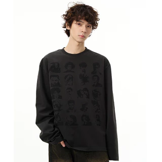 เสื้อแขนยาวผู้ชาย พิมพ์ลาย ทรงหลวม คอกลม ใส่ลําลอง