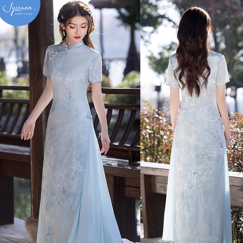 ชุดเชิ๊ตแขนสั้นแบบจีน สีฟ้าฤดูร้อน ทรงกระบอกสร้างเอวเล็ก พร้อมเอวสูง