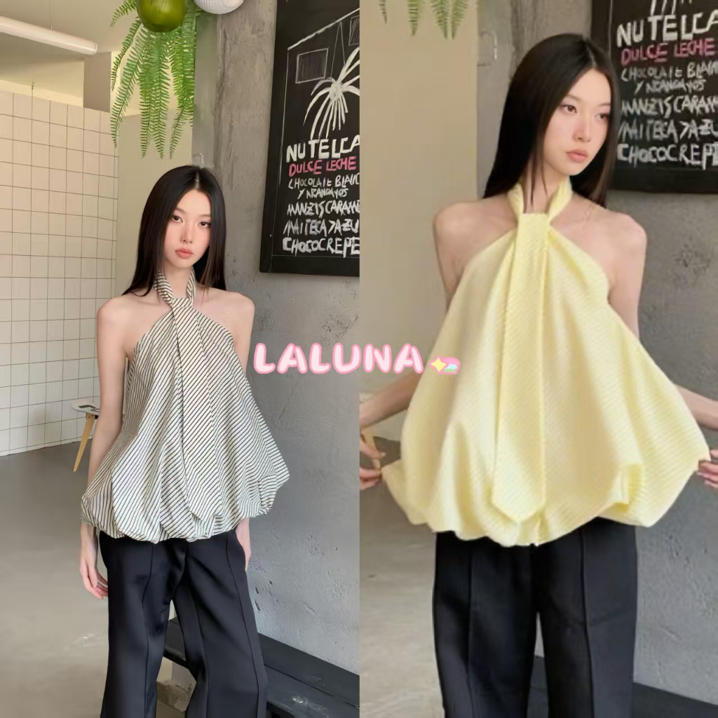 Lln🍑พร้อมส่ง🍑 เสื้อเชิ้ตคอฮอลเตอร์แขนกุดลายทางสไตล์ฝรั่งเศสสำหรับผู้หญิงในช่วงฤดูร้อน ดีไซน์เก๋ไก๋ สบายๆ สไตล์หลวมๆ