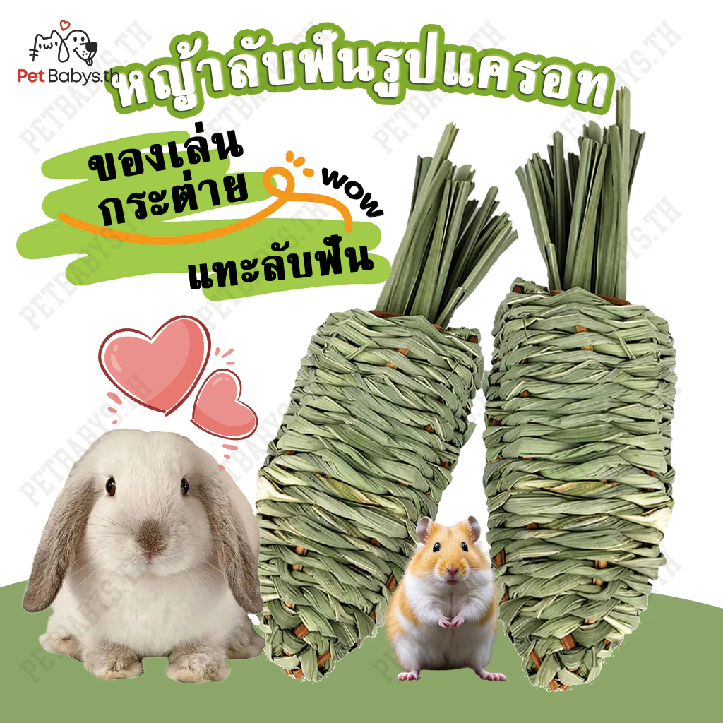 PETBABYS🐰ของเล่นสัตว์เลี้ยง กระต่าย ขัดฟัน หญ้าพู่ ถักมือ ธรรมชาติ ปลอดภัย ไม่ฟอกสี ขนาด รูปแครอท