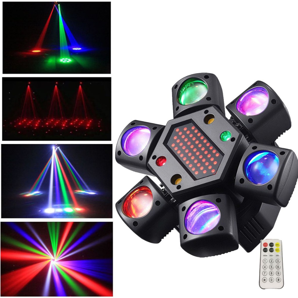 80W RGB LED Beam Moving Head Light หกแขนเวทีหมุนผลไฟพร้อมรีโมทคอนโทรล DJ Disco Party โคมไฟ