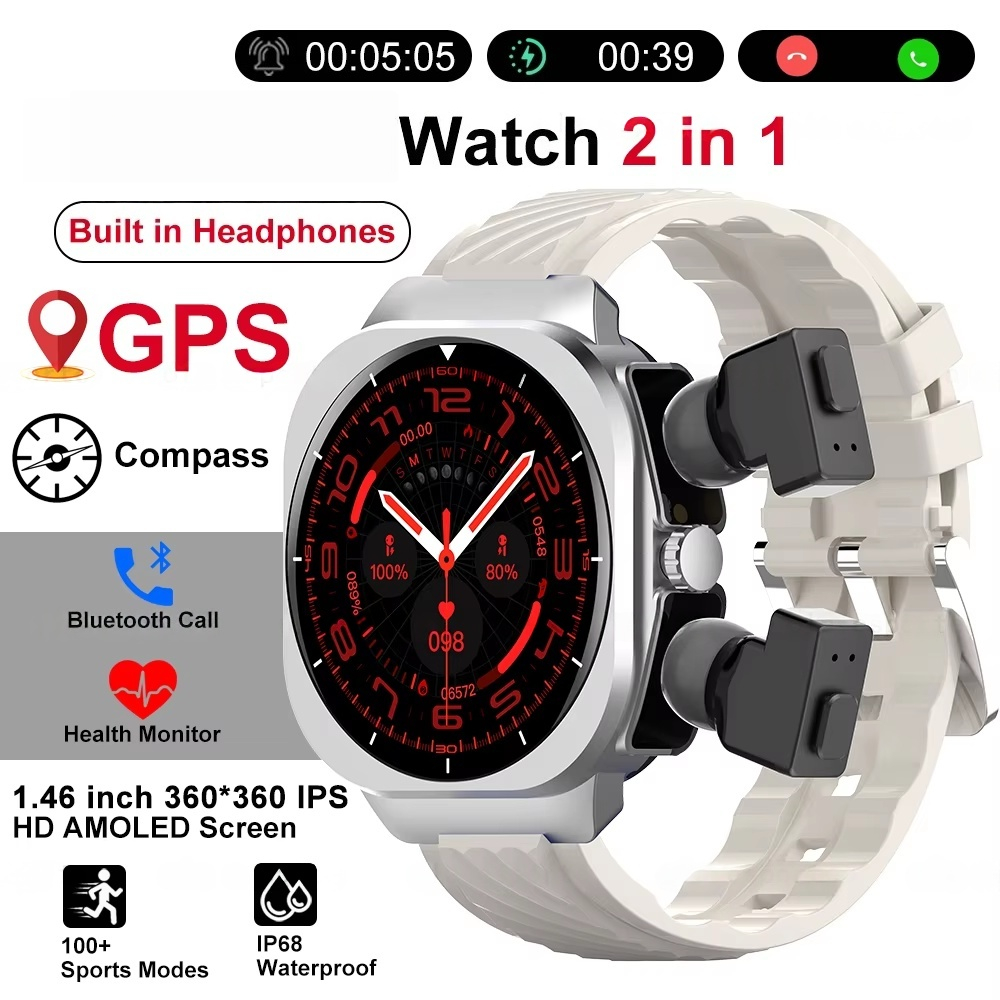 2025 2-in-1 สมาร์ทวอท์ชพร้อมหูฟัง GPS Smartwatch TWS หูฟังบลูทูธ Heart Rate เครื่องวัดความดันโลหิตกีฬานาฬิกาออกกําลังกาย