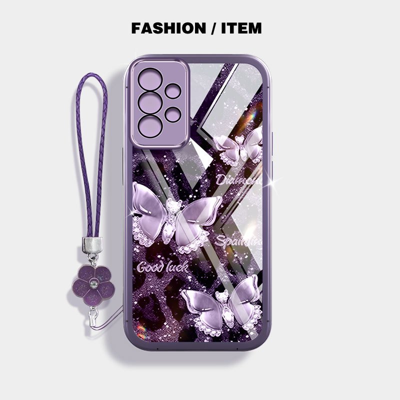 SAMSUNG สําหรับSamsung Galaxy A23 A32 A52 A72 4G 5G A33 A53 A73 M32 A52S 5GปลอกVRQR Darkสีผีเสื้อSeriesกันกระแทกโทรศัพท์กรณีเชือกดอกไม้