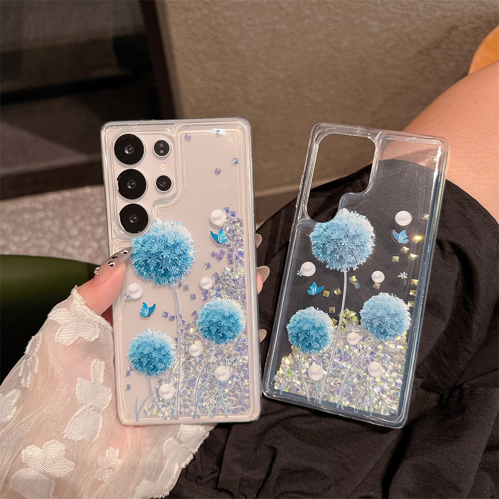 สําหรับ Samsung S25 Ultra S23 S24 Plus S22 Dandelion Luxury Quicksand Liquid Bling Clear Case Cover