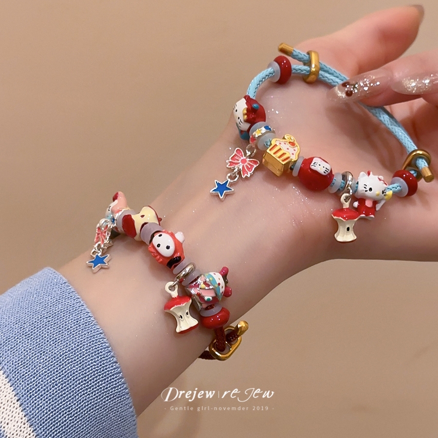 สร้อยข้อมือการ์ตูนลูกแมวแอปเปิ้ล เชือกถักดีไซน์หยดน้ำมัน สไตล์แฟชั่นสำหรับมือ
