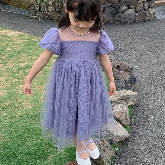 ชุดเด็กผ้ากอสลูกไม้ สไตล์เจ้าหญิง สีม่วง สำหรับหนูน้อยในฤดูร้อน