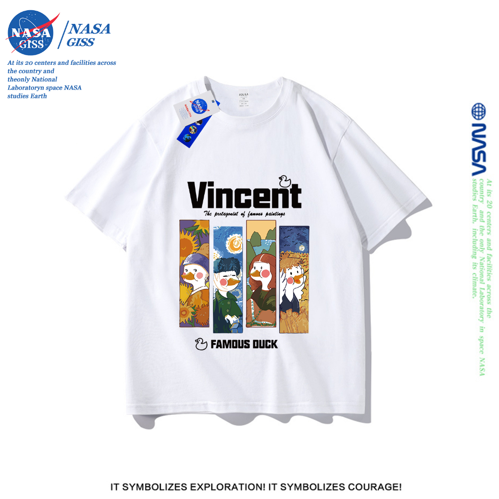 NASA เสื้อยืดชายหญิงแขนสั้น สตรีทฮิปฮอป summer อาร์ต ดั๊ก พิมพ์ลาย คอตตอน คอกลม หลวมและระบายอากาศ