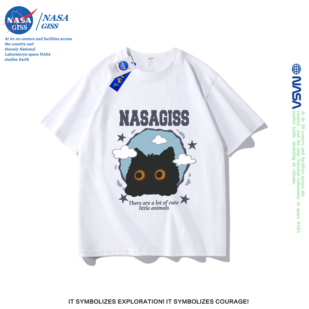 NASA เสื้อยืดชายหญิงแขนสั้น สตรีทฮิปฮอป summer ลูกแมว พิมพ์ลาย คอตตอน คอกลม หลวมและระบายอากาศ