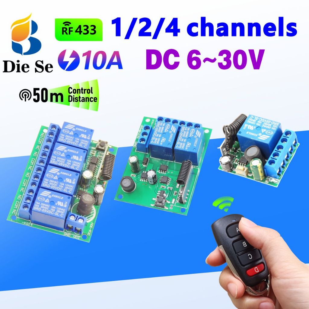 สวิตช์ควบคุมระยะไกล RF 433MHz, DC 10A 6V 12V 24V 30V, โมดูลรีเลย์ 1 2 4 ช่อง และเครื่องส่งสัญญาณสำหรับประตูโรงรถ/LED/มอเตอร์