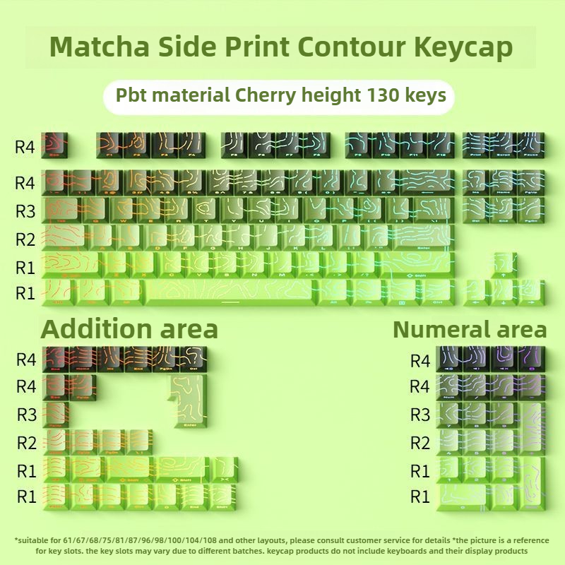 Matcha พิมพ์ด้านข้าง Contour Keycap OEM Cherry Profile Doubleshot Shine ผ่าน PBT Gradient สีส่วนบุคคล DIY การปรับแต่ง Keycap สําหรับคีย์บอร์ด 60/68/75/84/