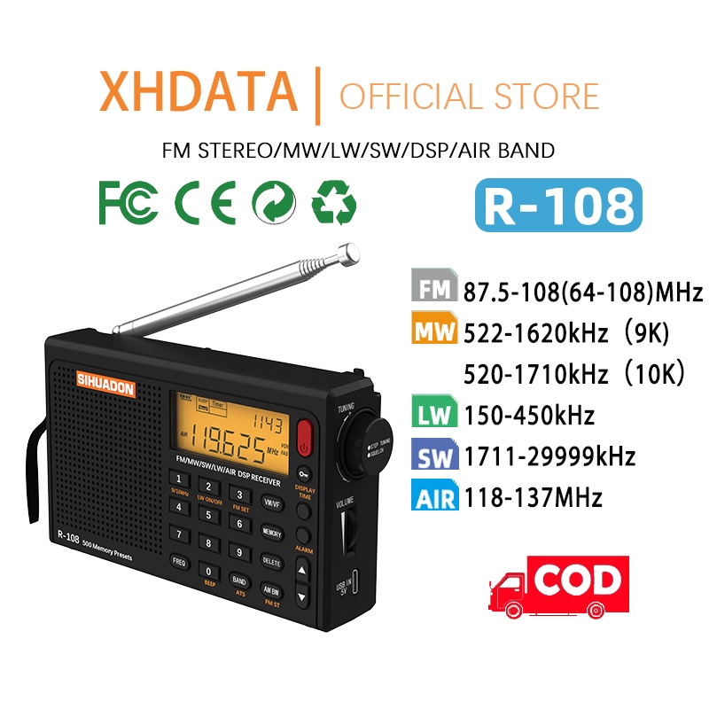 XHDATA R-108 FM/MW/LW/SW/DSP/AIR BAND วิทยุแบบพกพา | วิทยุแบบชาร์จได้ | นาฬิกาปลุกวิทวิทยุ |Equipped