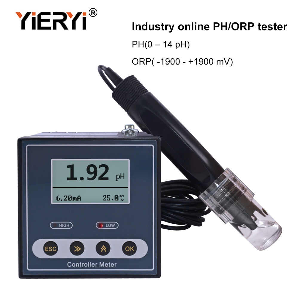 YiERYI อุตสาหกรรมออนไลน์ pH/ORP Meter PH0-14/ORP ±1900mV ความแม่นยําสูง ±0.02pH 4-20mA เอาต์พุตอุณหภูมิอัตโนมัติสําหรับบําบัดน้ําเสีย/อุตสาหกรรมเคมี/ไฟฟ้า