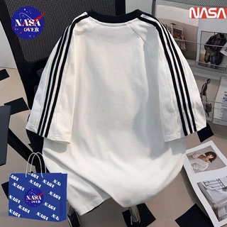 【ของพร้อมส่ง ส่งใน 24 ชั่วโมง】🔥NASAแขนสั้น ฤดูร้อน ยูนิเซ็กส์ oversized เสื้อยืดคอกลม สามแถบ เสื้อ American style สีขาว YG4794
