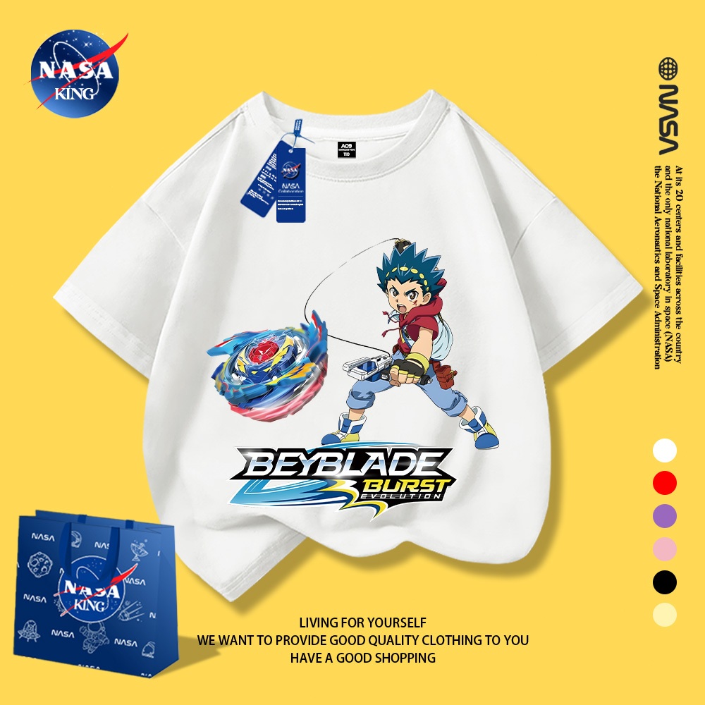 NASA เสื้อยืดเด็กผู้ชายฤดูร้อนระบายอากาศ ลาย Beyblade X ผ้าฝ้ายแท้ สไตล์เกาหลี เสื้อแฟชั่นเด็กผู้ชาย