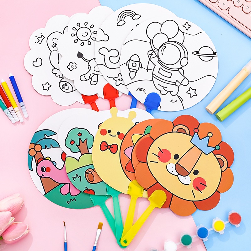 เด็กแฮนด์เมดทําเองภาพวาดกราฟฟิตีพัดลมการ์ตูนน่ารักสีพัดลมอนุบาลการศึกษามือวาดพัดลม