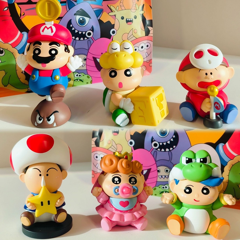 6 ชิ้น/เซ็ต Crayon Shin-chan คอสเพลย์ Super Mario Yoshi พีชเจ้าหญิงคางคก Koopa Troopa Shy Guy รุ่น Q PVC ตัวเลขการกระทําตุ๊กตาของเล่น