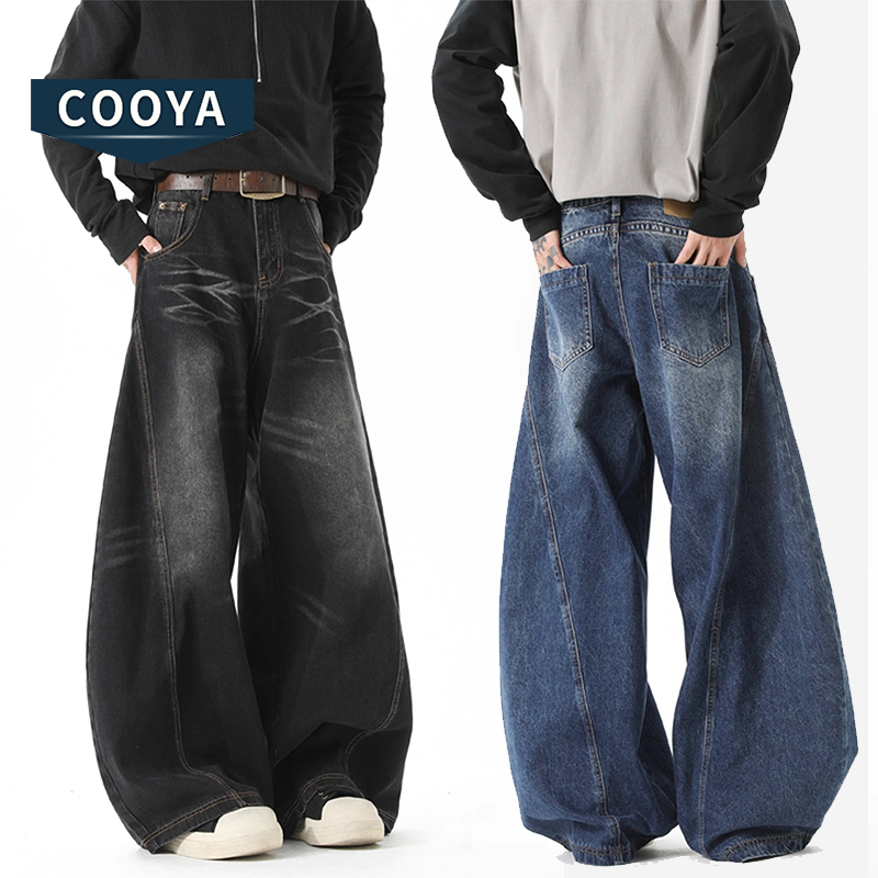 COOYA กางเกงยีนส์ขากว้างผู้ชาย สีดำและสีน้ำเงินทรงหลวมสบาย Unisex ใส่ได้ทั้งชายหญิง   อเมริกันย้อนยุคหลวมสบายๆการออกแบบถนนสูงสไตล์เป็นกลาง