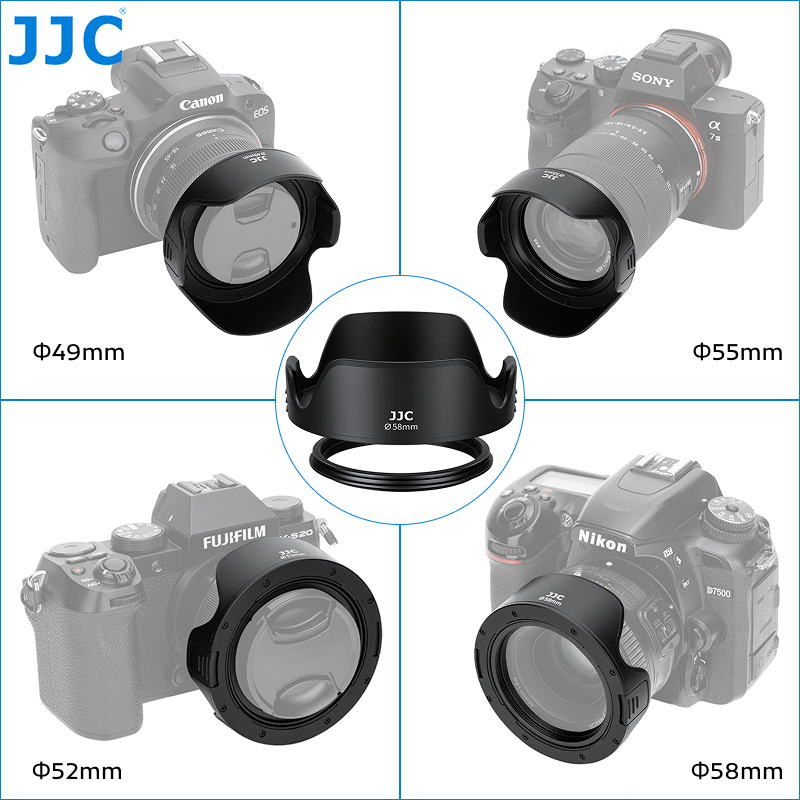 JJC LH-Q Universal เลนส์ 49 มม.52 มม.55 มม.58 มม.พร้อมอะแดปเตอร์แหวนสําหรับ Canon RF-S 18-150 มม.18-