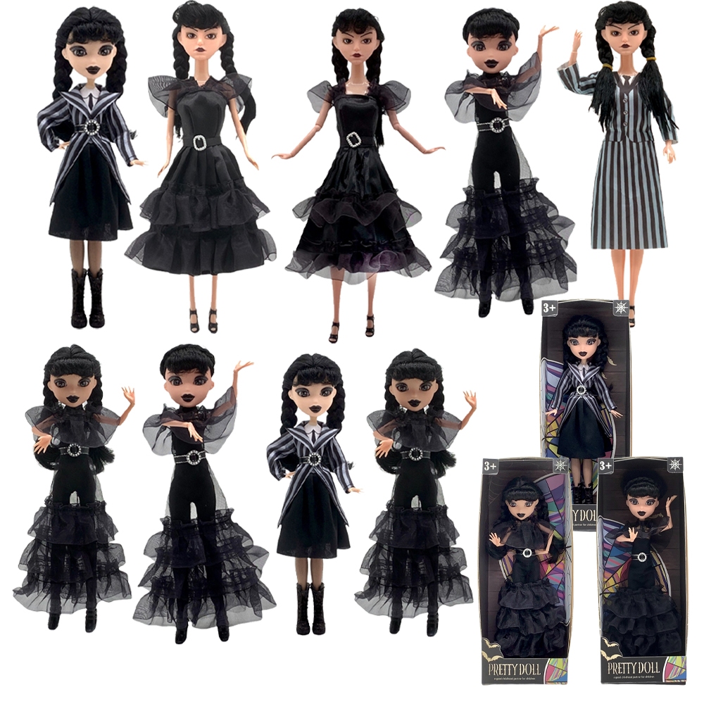 Wednesday Addams Action Figure ของเล่นตุ๊กตาโกธิค + ชุดนักเรียนเครื่องแต่งกาย & RaveN Dance Action Figure ชุดสะสม