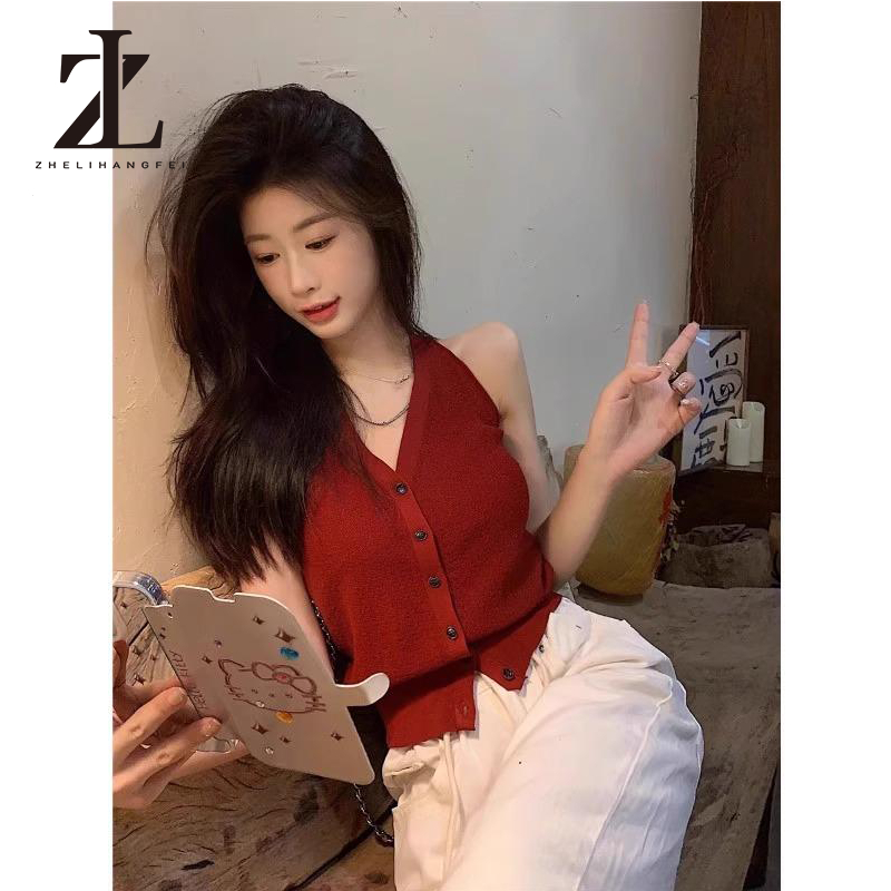 ZHELIHANGFEI  เสื้อสเวตเตอร์ไหมพรมแขนกุดคอกลมสไตล์เซ็กซี่ สำหรับอากาศอบอุ่น