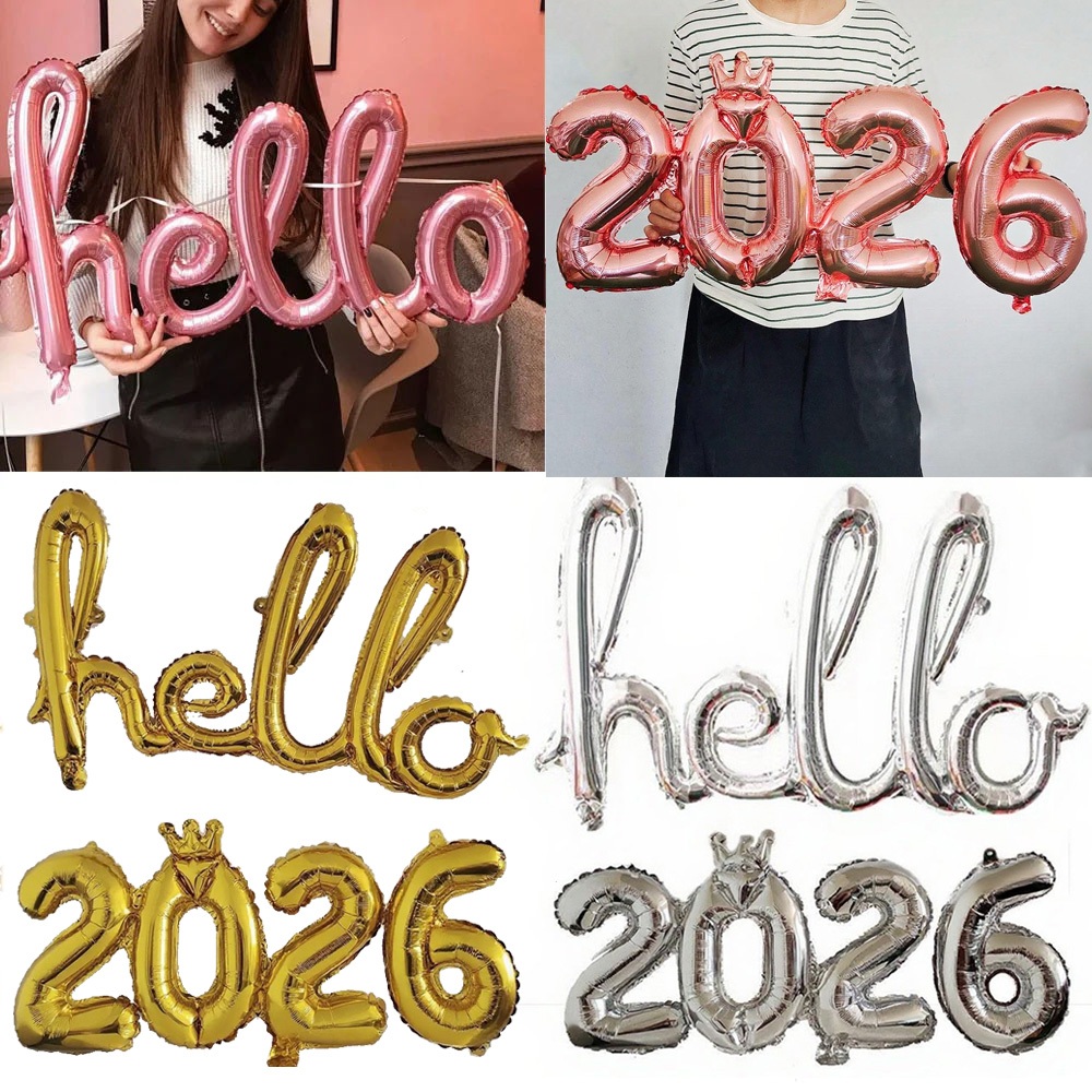 Rose Gold Silver 2026 Crown บอลลูนดิจิตอลปีใหม่ Eve Party Decor Hello 2026 Conjoined ฟอยล์จํานวนลูกโป่งสําหรับคริสต์มาสวันเกิดตกแต่ง