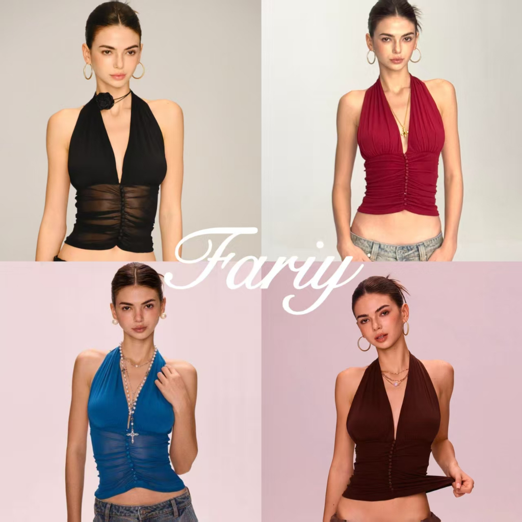 Fariy🍒คลังสินค้าพร้อม🍒 เสื้อกล้ามตาข่ายคอวีเว้าหลังสีดำ ดีไซน์เฉพาะตัว เสื้อกล้ามแขนกุดสำหรับผู้หญิงในช่วงฤดูร้อน