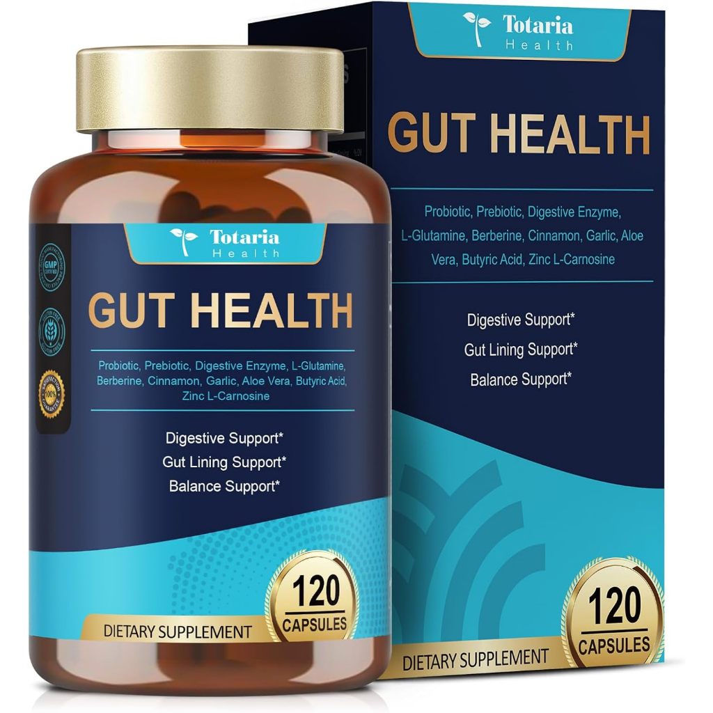 Totaria 4-in-1 Gut อาหารเสริมสุขภาพพร้อมโปรไบโอติก พรีไบโอติก พยาธิและเอนไซม์ย่อยอาหาร 60 พันล้าน CFU โปรไบโอติกสําหรับ Gut และทางเดินอาหาร, ท้องอืดและท้องผูกสนับสนุน