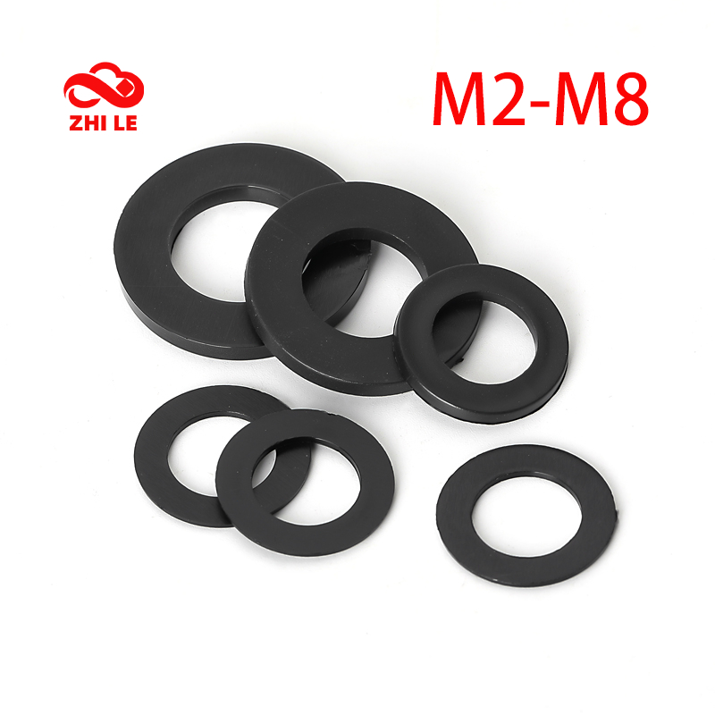 M2-M8 ไนลอนเครื่องซักผ้าพลาสติกสีดําแบนเครื่องซักผ้าชุดสกรูปะเก็นภายในเครื่องซักผ้าบาง Spacer M2.5 M3 M4 M5 M6