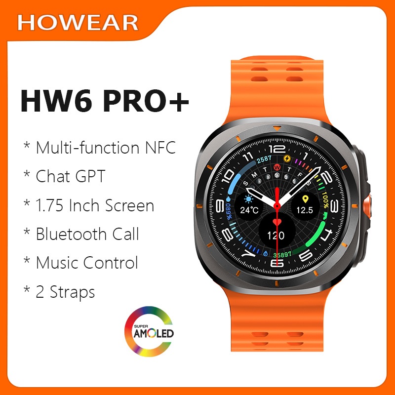 Howear HW6 PRO + AMOLED สมาร์ทวอทช์สมาร์ทวอท์ชผู้ชาย 2025 NFC Chat GPT ควบคุมเพลงบลูทูธโทร