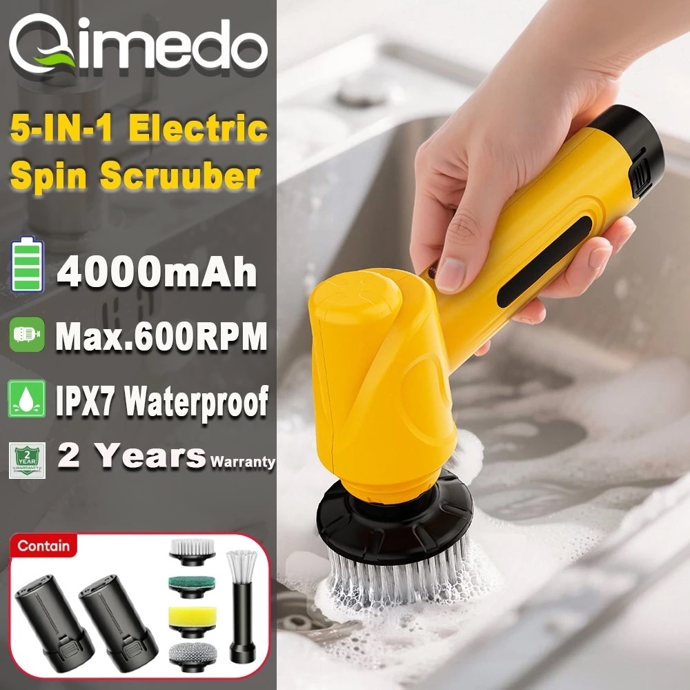 Qimedo Electric Spin Scrubber 5 IN 1 แปรงทําความสะอาดมือถือไร้สายสําหรับห้องน้ํา/อ่างล้างจาน/หน้าต่า