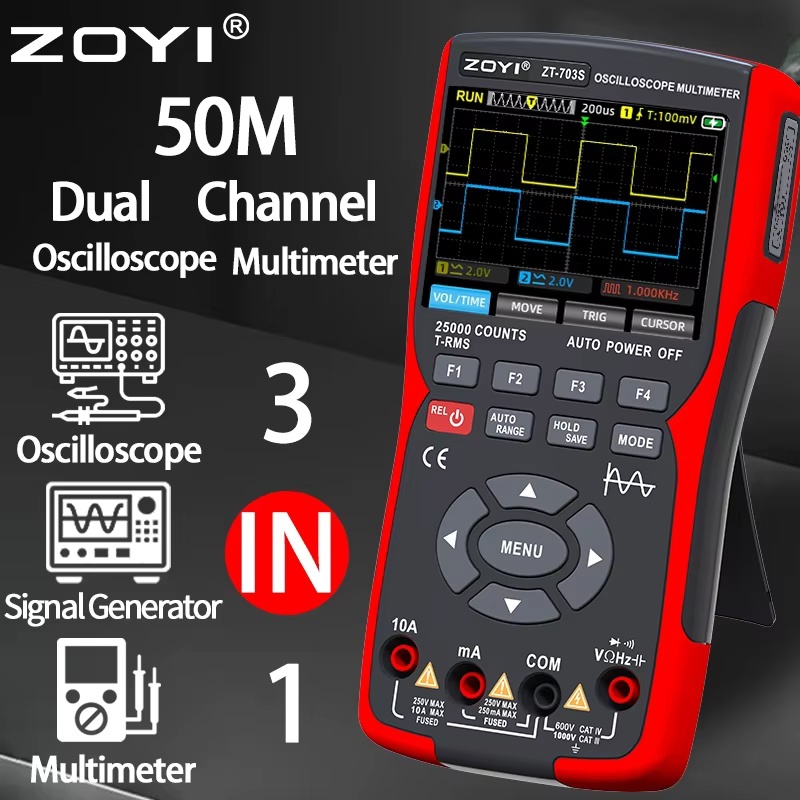 ZOYI ZT-703S Dual-channel Oscilloscope มัลติมิเตอร์แบบดิจิตอล 3in1 50MHz 280MS Waveform Data Storage