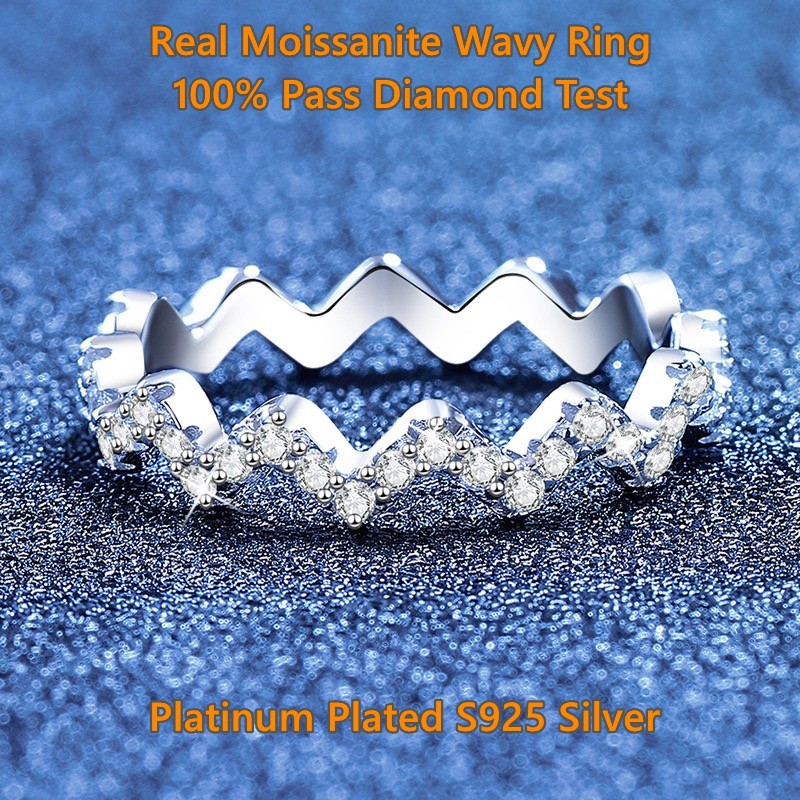 Real Moissanite Wavy Ring แหวนเงินแท้ S925 ชุบแพลทินัมสําหรับผู้หญิง