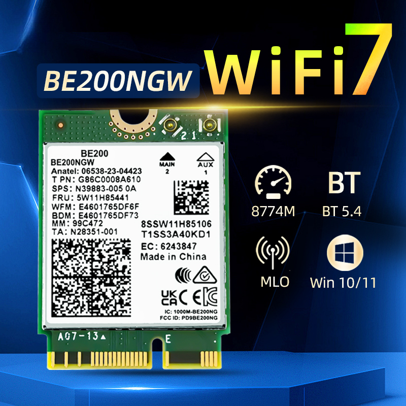 การ์ดเครือข่ายไร้สายโน้ตบุ๊ก Intel BE200 บลูทูธ 5.4 เดสก์ท็อป M.2 NGFF WIFI7 โมดูลไร้สาย