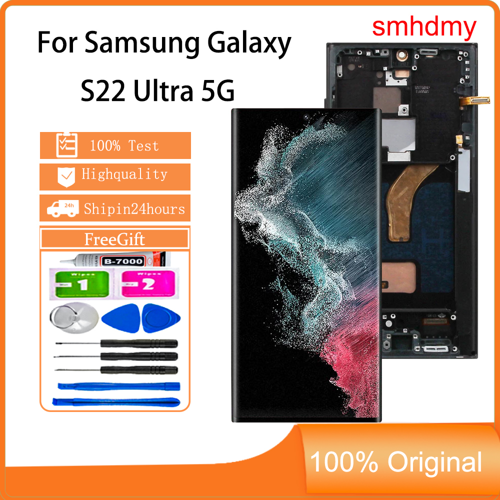 Smhdmy AMOLED สําหรับ Samsung Galaxy S22 Ultra 5G จอแสดงผล LCD หน้าจอสัมผัสพร้อมการเปลี่ยนกรอบ