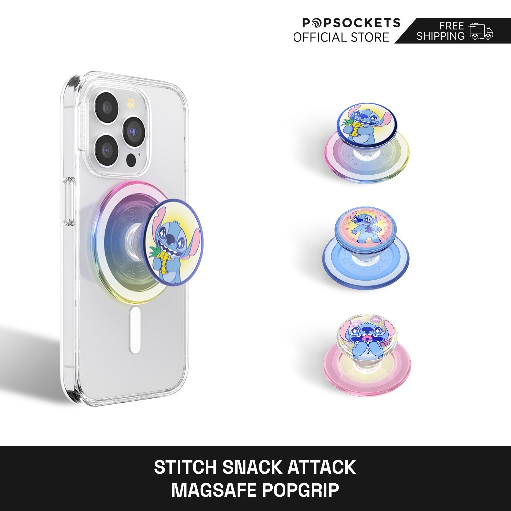 Stitch Snack Attack PopGrip สําหรับ MagSafe | ด้ามจับโทรศัพท์ระดับพรีเมียม | Best MagSafe iPhone Holder & คล้ายกับที่ใส่แหวน iPhone | ขาตั้ง iPhone ตั้งโต๊ะ และตัวยึด MagSafe